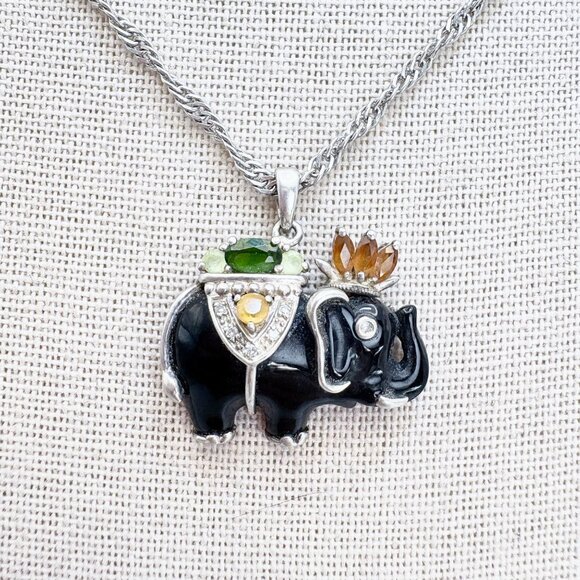 VTG Sterling Silver 925 Multi-Gemstone Elephant Pendant Necklace Size 24" Length - Picture 1 of 13